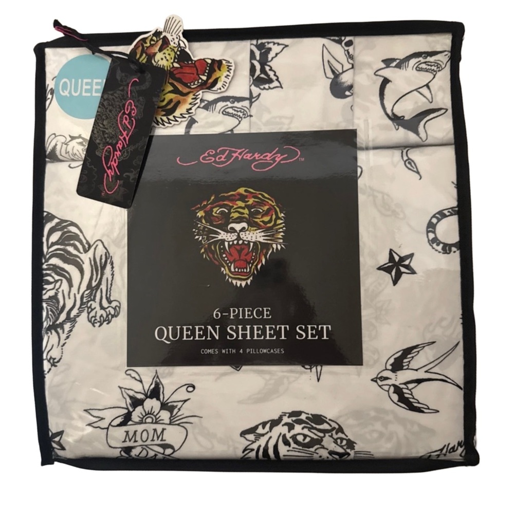Ed Hardy 6-piece sheet set-Queen Size-Tattoo Roses, Skulls, Eagles, Tiger NWT‎